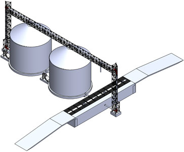 A silo layout containing 2 grain silo bins and a weighbridge.