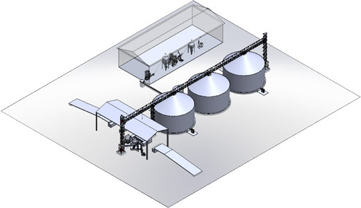 A 3D drawing of a silo lyaout with a mill extension.