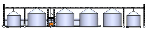 Drawing of a silo grain storage site containing eight silo bins and a grain pump.