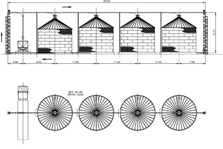 Silo layout, 4 bins with a grain pump