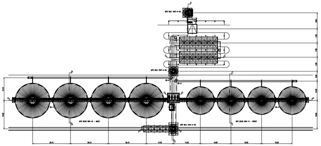 Drawing of a silo storage plant containing eight silos. Top view.